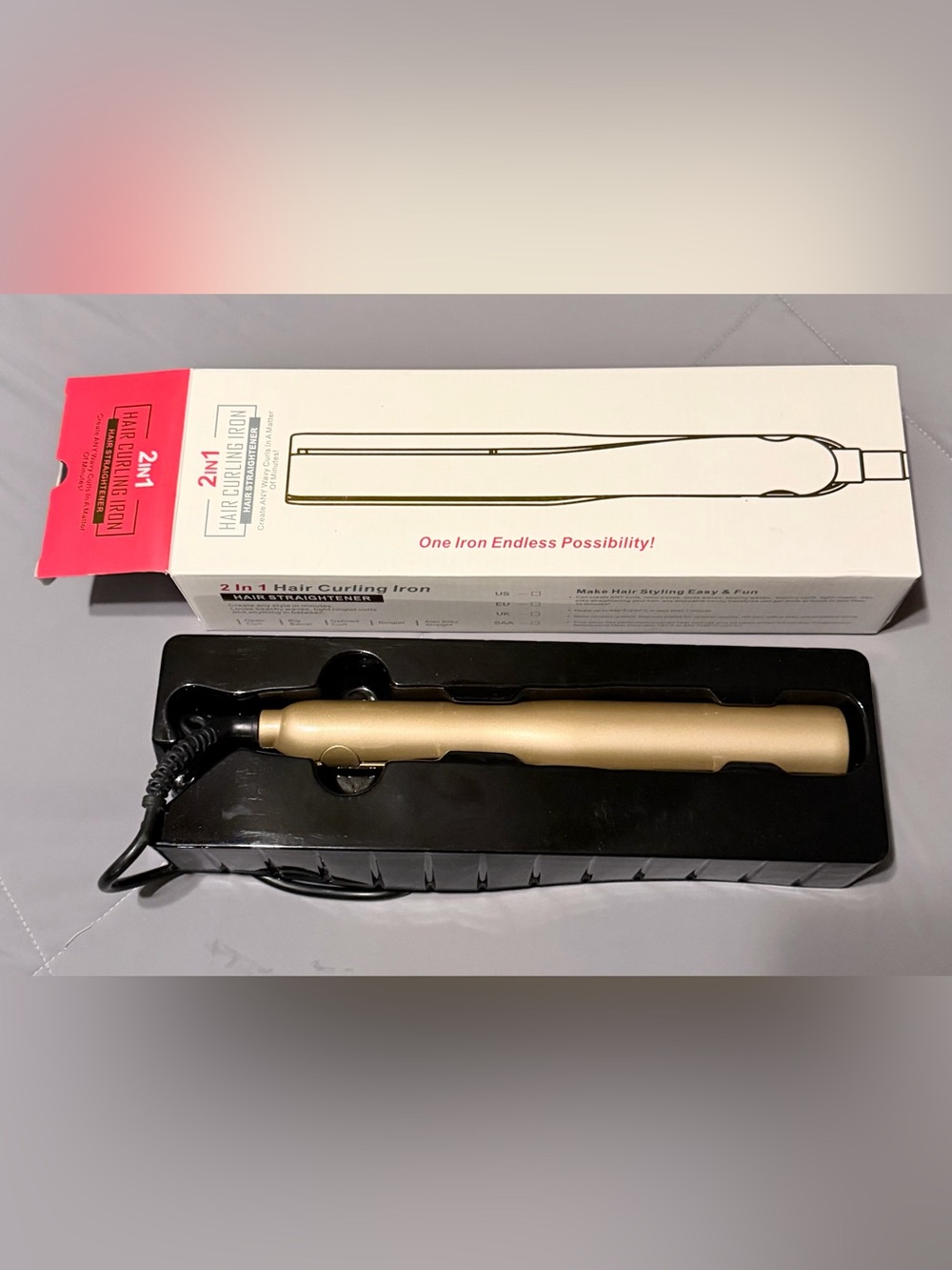 2-in-1 Hair Curling & Straightening Iron - Gold - Picture 2 of 9